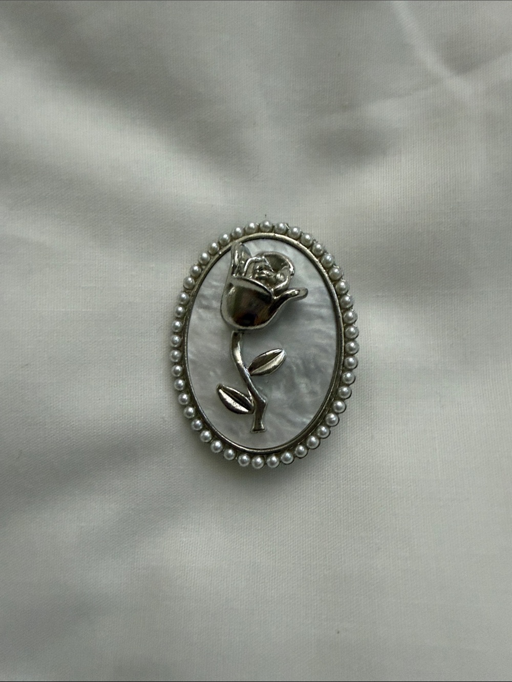 Silver Rose Pearl-Trim Oval Brooch - Women Jewelry